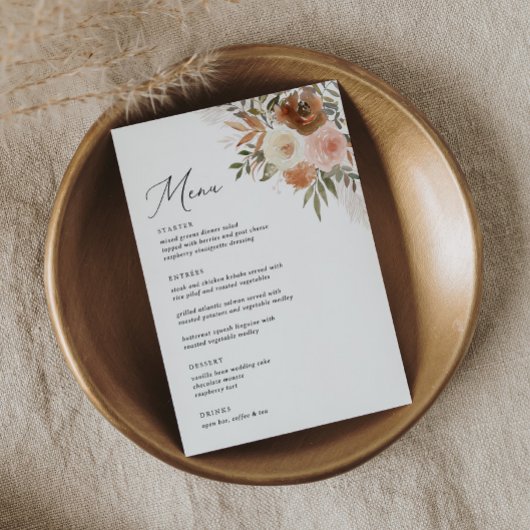 Menu Élégant Boho Terracotta Floral 5 x 7 Mariage