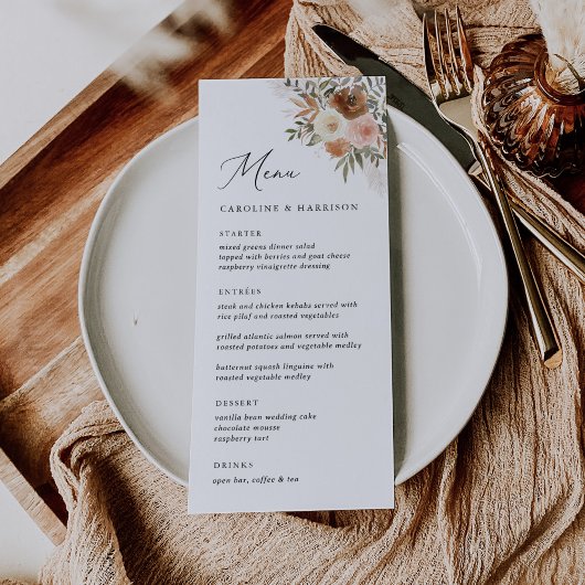 Menu Élégant Boho Terracotta Mariage floral