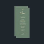 Menu Élégant Boho Vert Et Or Jardin Dîner Mariage<br><div class="desc">Elégant Green And Gold Minimalist Menu Mariage Un élégant menu élégant et élégant or et vert chic mariage dîner menu. Il présente des lignes d'art rustique feuille d'or eucalyptus et arrière - plan de sauge vert émeraude avec des noms de mari et femme et date. Dans la typographie en or....</div>