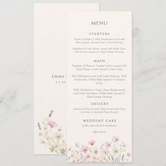 Menu Elegant Boho wildflowers Script Wedding (Devant / Derrière)
