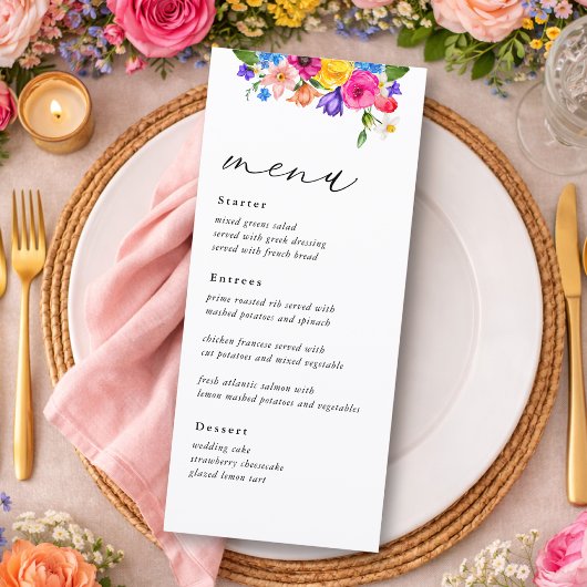 Menu Élégant Bold Coloré Fleurs aquarelle mariage