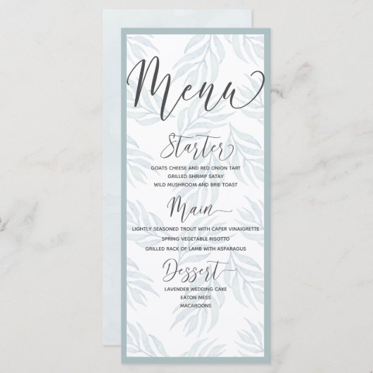 Menu Elégant Botanique Dusty Mariage d'aquarelle bleu (Devant / Derrière)
