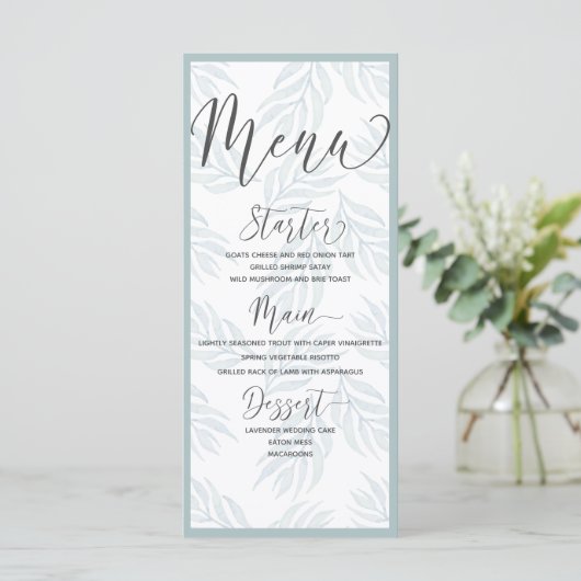 Menu Elégant Botanique Dusty Mariage d'aquarelle bleu (Debout devant)
