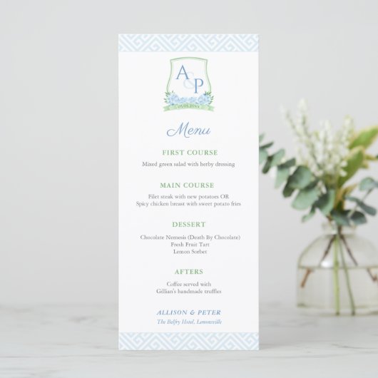 Menu Élégant Botanique Vert Bleu Monogramme Mariage (Debout devant)