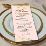 Menu Elégant boucles d'or et Mariage rose pâle<br><div class="desc">Ce beau menu ajoutera un peu de style à votre réception de mariage. Il présente un design magnifique avec des boucles dorées et des tourbillons sur un arrière - plan rose pâle de couleur blush. Il y a de l'espace pour les noms du couple et la date du mariage, et...</div>