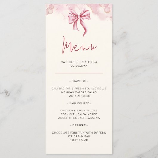 Menu Elégant Bow rose Quinceañera (Devant)