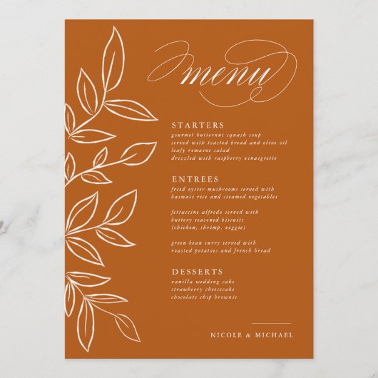 Menu Élégant Burnt Orange minimaliste Feuille Mariage (Devant)