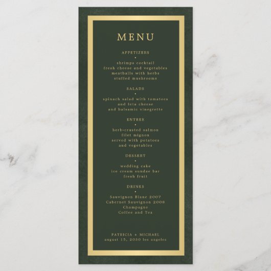 Menu Élégant cadre doré vert foncé mariage moderne (Devant)