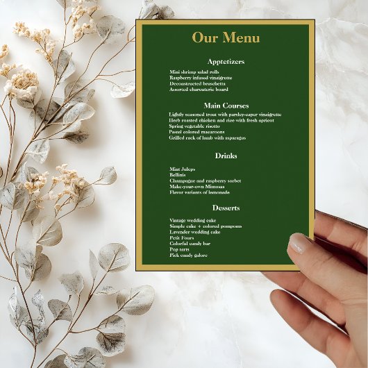 Menu Elégant cadre Gold Script sur Green Mariage Dîner