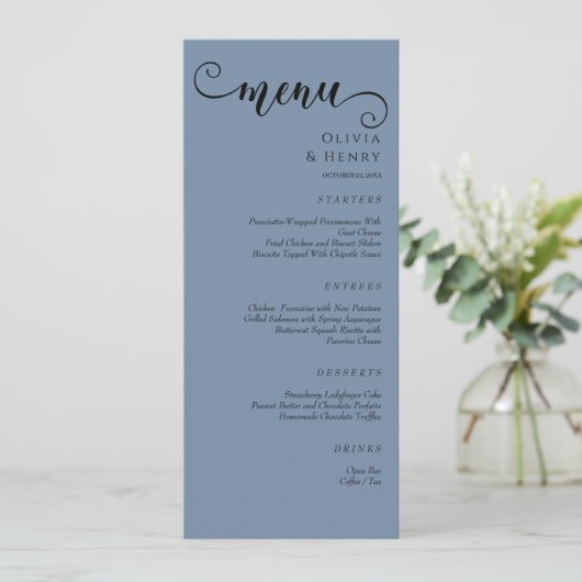 Menu Elegant Calligraphy Minimalist Blue Wedding  (Debout devant)