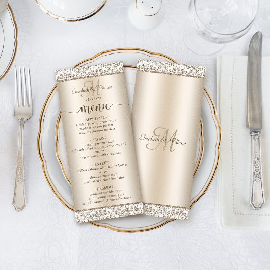 Menu Elegant Champagne Damask Wedding