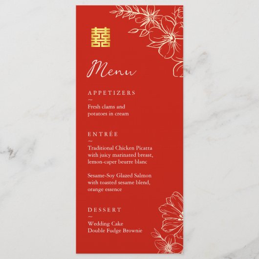 Menu Élégant chinois moderne script floral mariage roug (Devant)