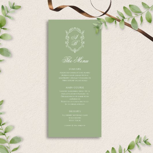 Menu Elegant Classic Sage Green Monogram Crest Wedding