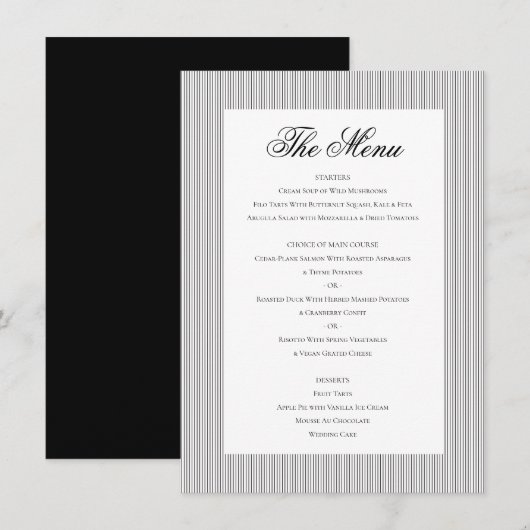 Menu Élégant classique Formel Noir Blanc Mariage Dîner (Devant / Derrière)