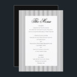 Menu Élégant classique Formel Noir Blanc Mariage Dîner<br><div class="desc">Ajoutez une touche raffinée à votre réception grâce à cette carte de menu Elégant Formal Classic mariage. Conçu avec une palette noir et blanc intemporelle et un arrière - plan à bande mince subtil, il complète parfaitement la collection mariage Formal Elegant Classic Black Stripes. Doté d'une typographie classique et d'un...</div>
