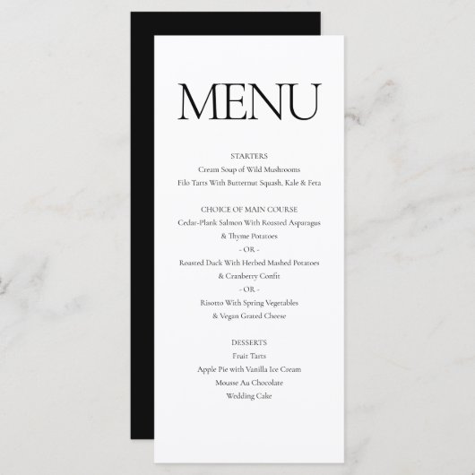 Menu Élégant classique Formel Noir Blanc Mariage Dîner (Devant / Derrière)