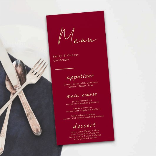 Menu Elégant Classy Bourgogne Or Moderne Chic Mariage