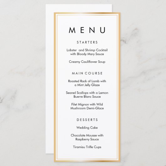 Menu Elégant Classy Gold White Frame Mariage Dîner (Devant / Derrière)