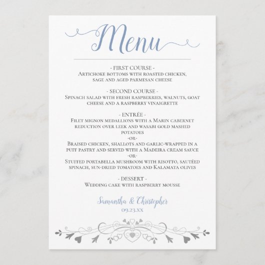 Menu Elégant Coeurs Argent Filigree Dusty Mariage Bleu (Devant)