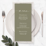 Menu Élégant couleur solide Olive Lily Mariage vert<br><div class="desc">Elégant menu Mariage couleur solide olive Lily Vert. Cette carte de menu moderne chic est simple classique et élégant avec un arrière - plan de couleur unie et une jolie police de calligraphie de script signature avec queues. Montré dans la nouvelle Colorway. Avec un joli monogramme à l'arrière. Disponible en...</div>