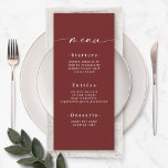Menu Élégant couleur solide vin foncé cannelle Mariage<br><div class="desc">Elégant Solid Color Dark Wine Cinnamon Red Mariage Menu. Cette carte de menu moderne chic est simple classique et élégant avec un arrière - plan de couleur unie et une jolie police de calligraphie de script signature avec queues. Montré dans la nouvelle Colorway. Avec un joli monogramme à l'arrière. Disponible...</div>