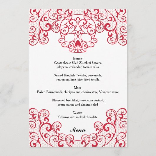 Menu Elégant crâne en dentelle rouge Calavera Mariage C (Devant)