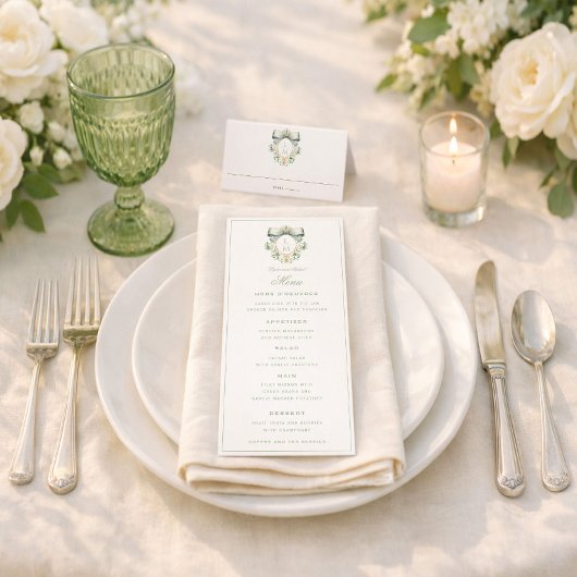 Menu Elegant Crest w/ Sage Green Bow | Monogram Wedding