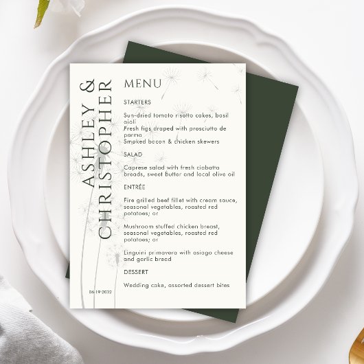 Menu Élégant Dandelion moderne Moss Mariage vert