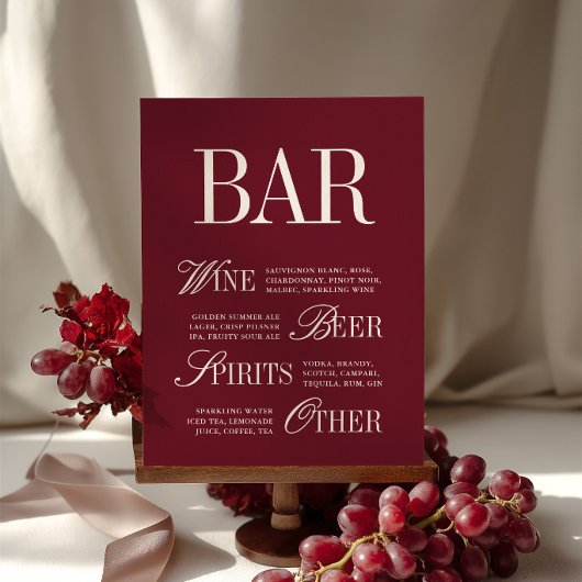 Menu élégant de bar en bordeaux pour table de mari