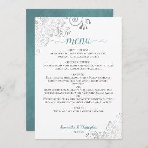 Menu Élégant de dentelle argentée Turquoise sur Mariage