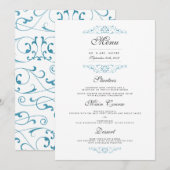 Menu élégant de dîner de mariage à flourish bleu (Devant / Derrière)