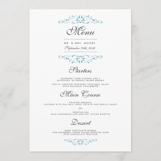 Menu élégant de dîner de mariage à flourish bleu (Devant)