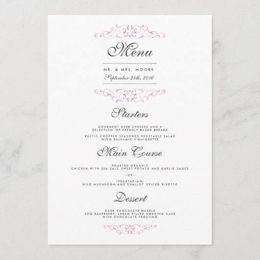 Menu élégant de dîner de mariage avec fioritures r (Devant)