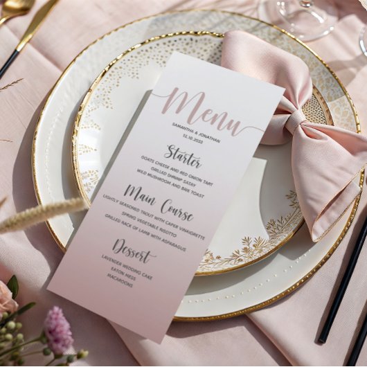 Menu élégant de dîner de mariage rose poudré simpl