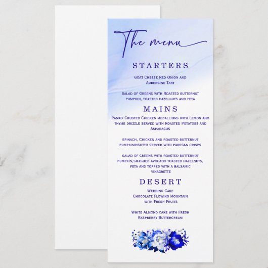 Menu Élégant de Mariage Bleu et Argent (Devant / Derrière)