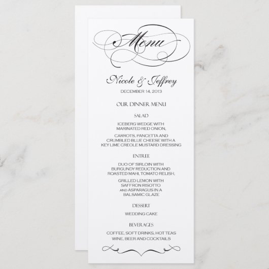 Menu élégant de mariage de manuscrit - noir (Devant / Derrière)
