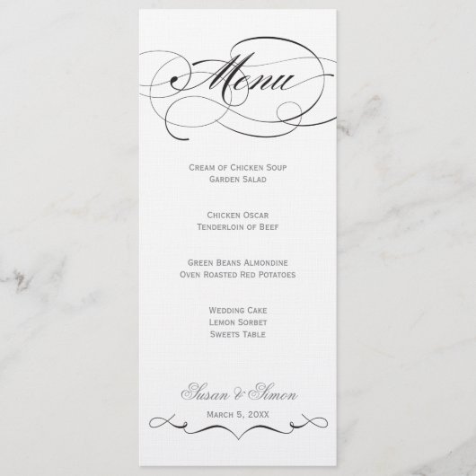 Menu élégant de mariage de manuscrit - noir (Devant)