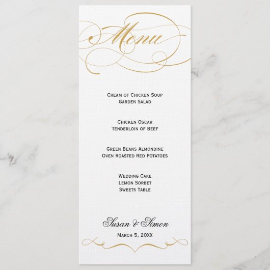 Menu élégant de mariage de manuscrit - or (Devant)