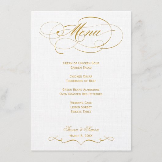 Menu élégant de mariage de manuscrit - or (Devant)