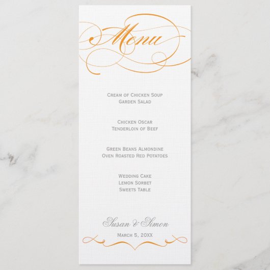 Menu élégant de mariage de manuscrit - orange (Devant)