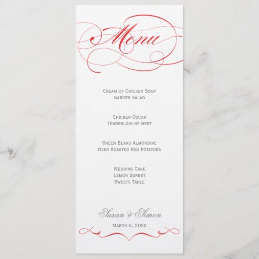 Menu élégant de mariage de manuscrit - rouge (Devant)