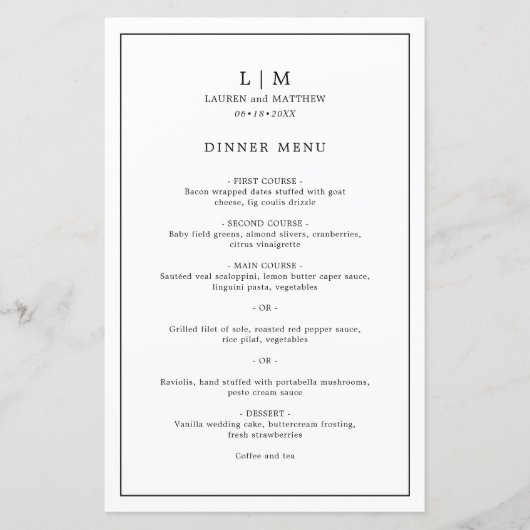 Menu Élégant de Mariage Noir et Blanc Simple (Devant)