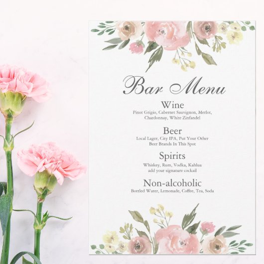 Menu élégant des boissons de mariage floral rose b