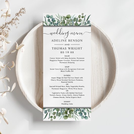 Menu Élégant dîner de mariage à la verdure d'eucalyptus