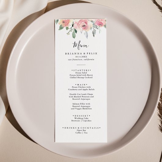 Menu Élégant Dîner Floral Rose Blush