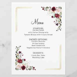 Menu Élégant Dîner Mariage Floral Burgundy Gold Foil