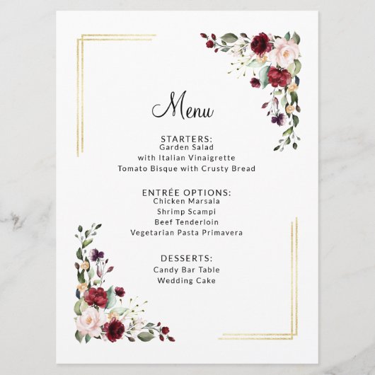 Menu Élégant Dîner Mariage Floral Burgundy Gold Foil (Devant)