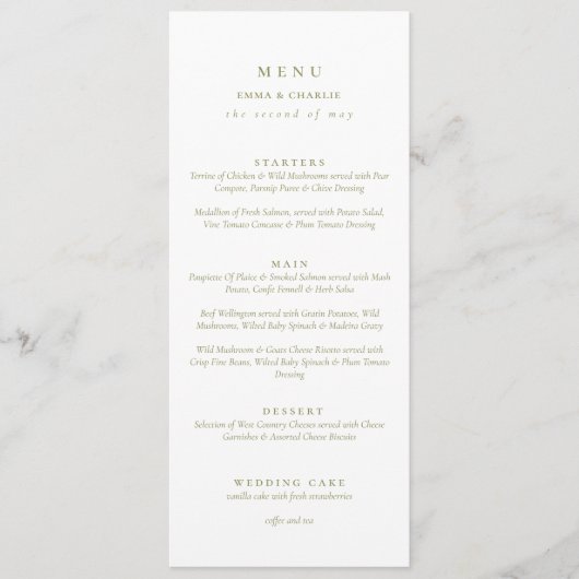 Menu Élégant double face de mariage de script vert (Devant)