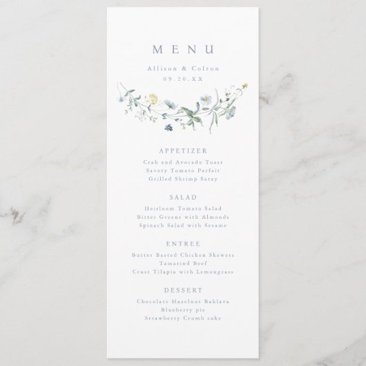 Menu Elégant Dusty Blue Fleur sauvage Rustic Boho Maria (Devant)