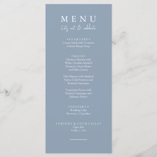 Menu Elégant Dusty Blue Mangeons Calligraphie Mariage (Devant)